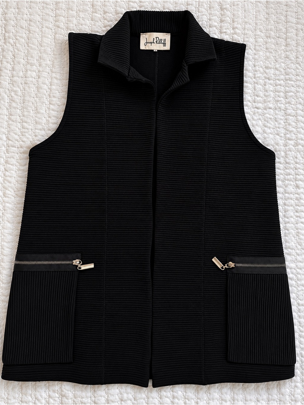 Joseph Ribkoff Black Textured Zip Pocket Open Front Vest